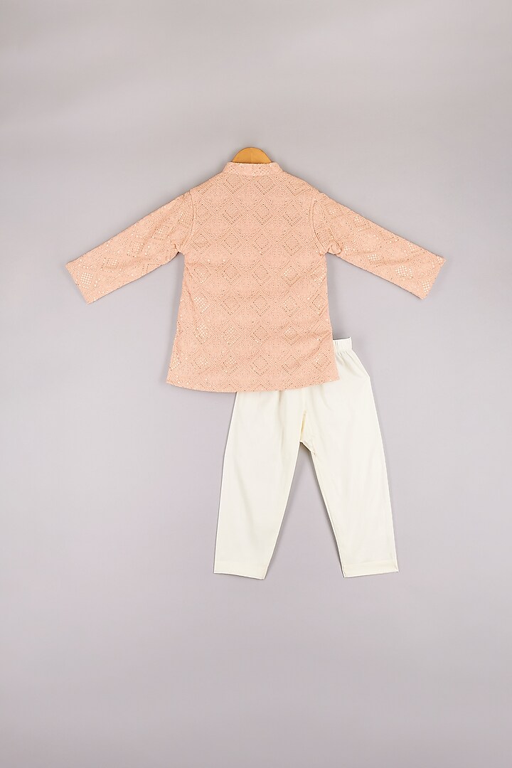 Peach Lucknowi Embroidered Kurta Set For Boys by P & S Co at Pernia's Pop Up Shop