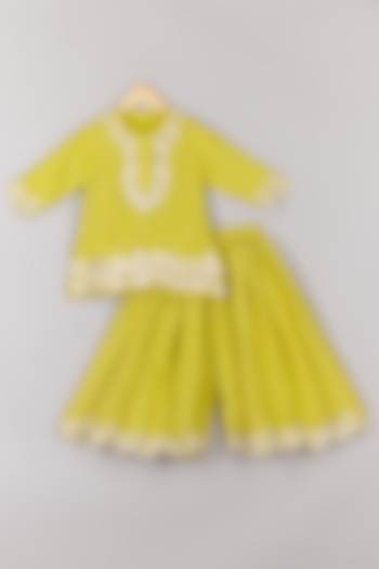 Lime Green Silk Tissue Thread Embroidered Kurta Set For Girls by P & S Co at Pernia's Pop Up Shop