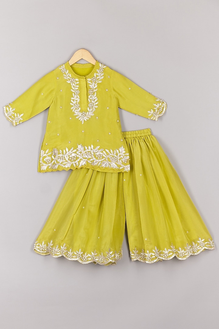 Lime Green Silk Tissue Thread Embroidered Kurta Set For Girls by P & S Co at Pernia's Pop Up Shop