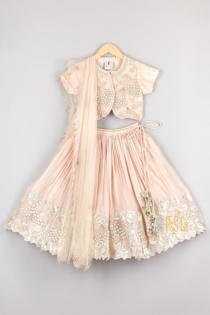 Light Peach Pink Satin Organza Threadwork Lehenga Set For Girls by P & S Co at Pernia's Pop Up Shop