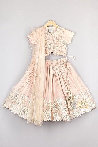 Light Peach Pink Satin Organza Threadwork Lehenga Set For Girls by P & S Co