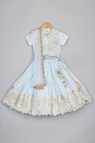 Light Blue Satin Organza Threadwork Lehenga Set For Girls by P & S Co
