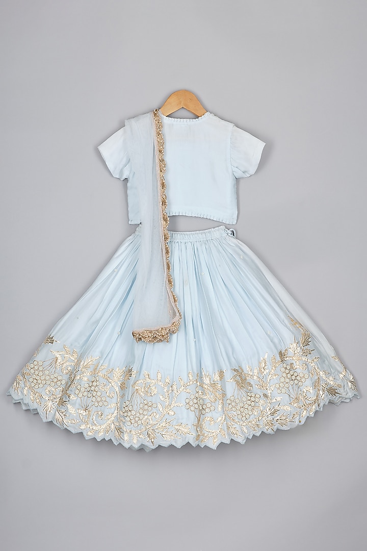 Light Blue Satin Organza Threadwork Lehenga Set For Girls by P & S Co at Pernia's Pop Up Shop