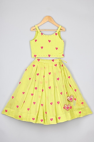 Lime Green Chanderi Embroidered Lehenga Set For Girls by P & S Co