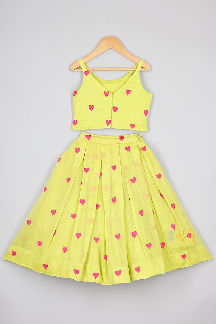 Lime Green Chanderi Embroidered Lehenga Set For Girls by P & S Co at Pernia's Pop Up Shop
