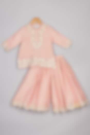 Pink Silk Tissue Thread Embroidered Kurta Set For Girls by P & S Co at Pernia's Pop Up Shop