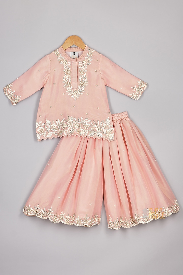 Pink Silk Tissue Thread Embroidered Kurta Set For Girls by P & S Co at Pernia's Pop Up Shop
