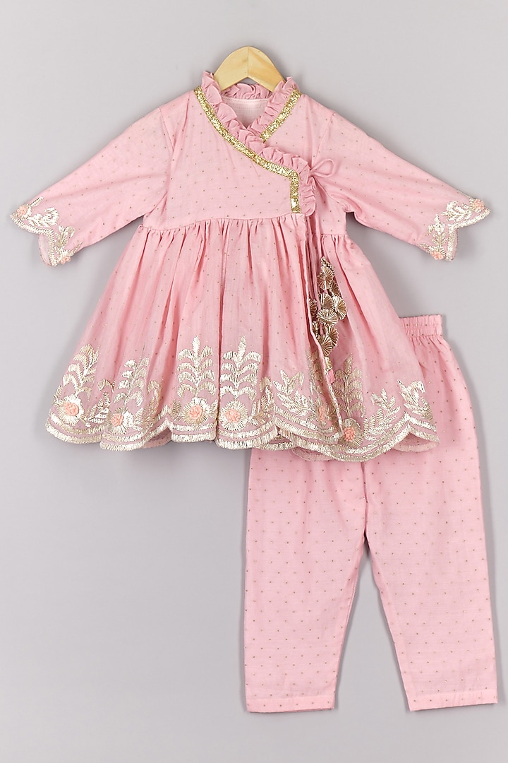 Pink Dot Brocade Gota Embroidered Kurta Set For Girls by P & S Co at Pernia's Pop Up Shop