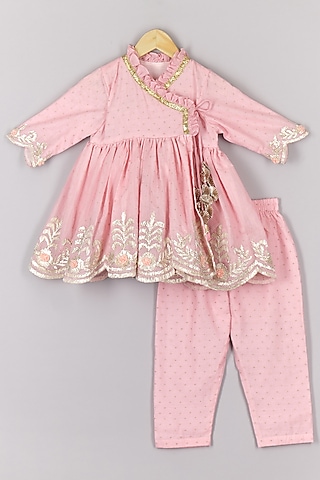 Pink Dot Brocade Gota Embroidered Kurta Set For Girls by P & S Co