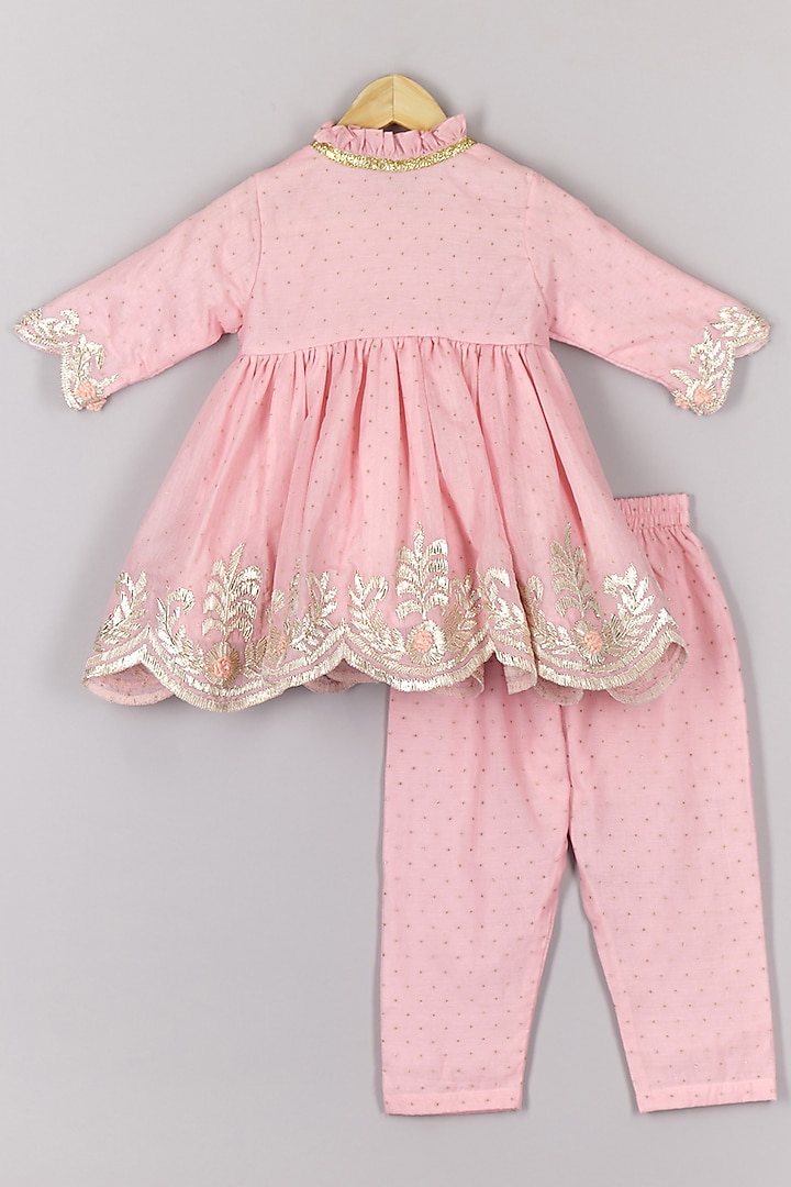 Pink Dot Brocade Gota Embroidered Kurta Set For Girls by P & S Co at Pernia's Pop Up Shop