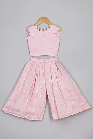 Candy Pink Chanderi Thread Embroidered Pant Set For Girls by P & S Co
