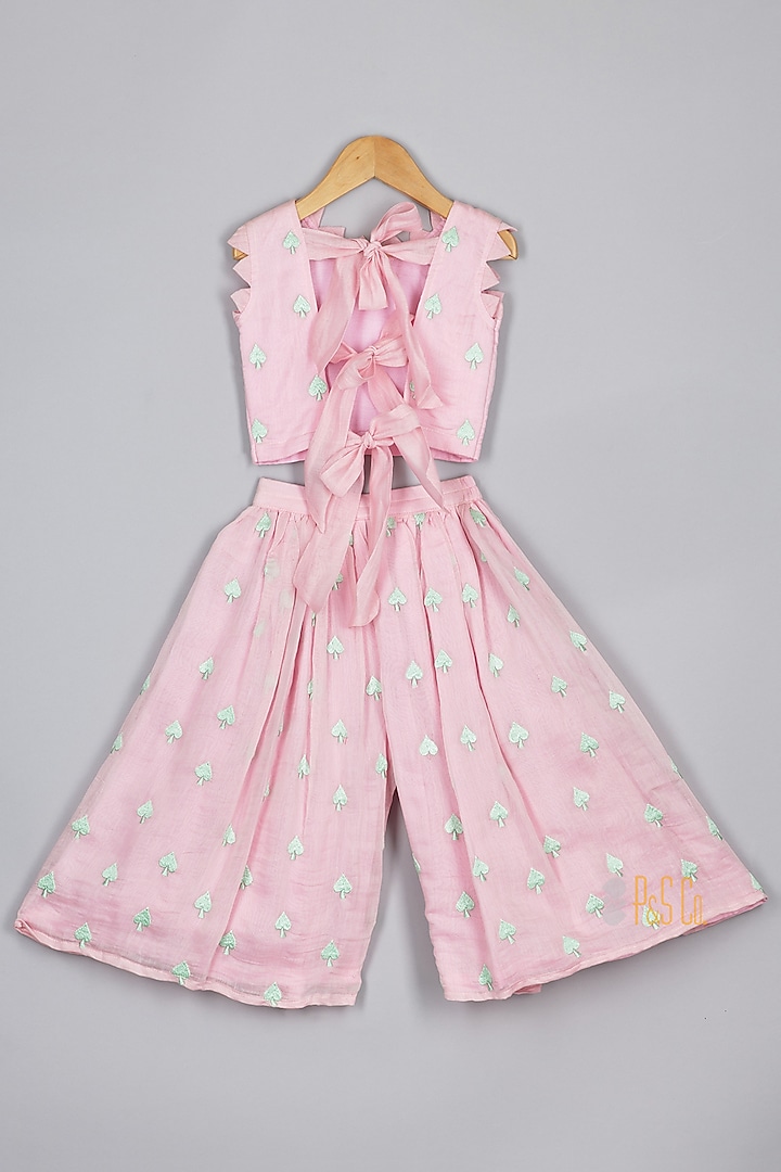 Candy Pink Chanderi Thread Embroidered Pant Set For Girls by P & S Co at Pernia's Pop Up Shop