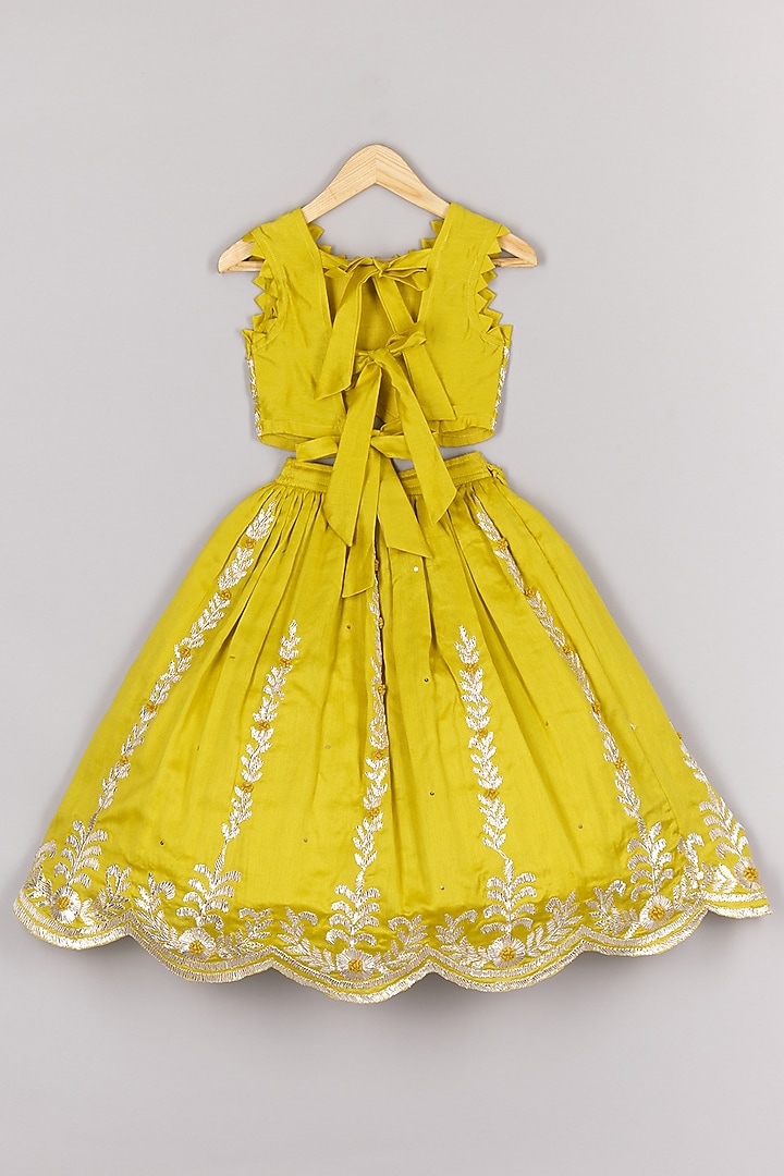 Lime Green Chanderi Gota Embroidered Lehenga Set For Girls by P & S Co at Pernia's Pop Up Shop