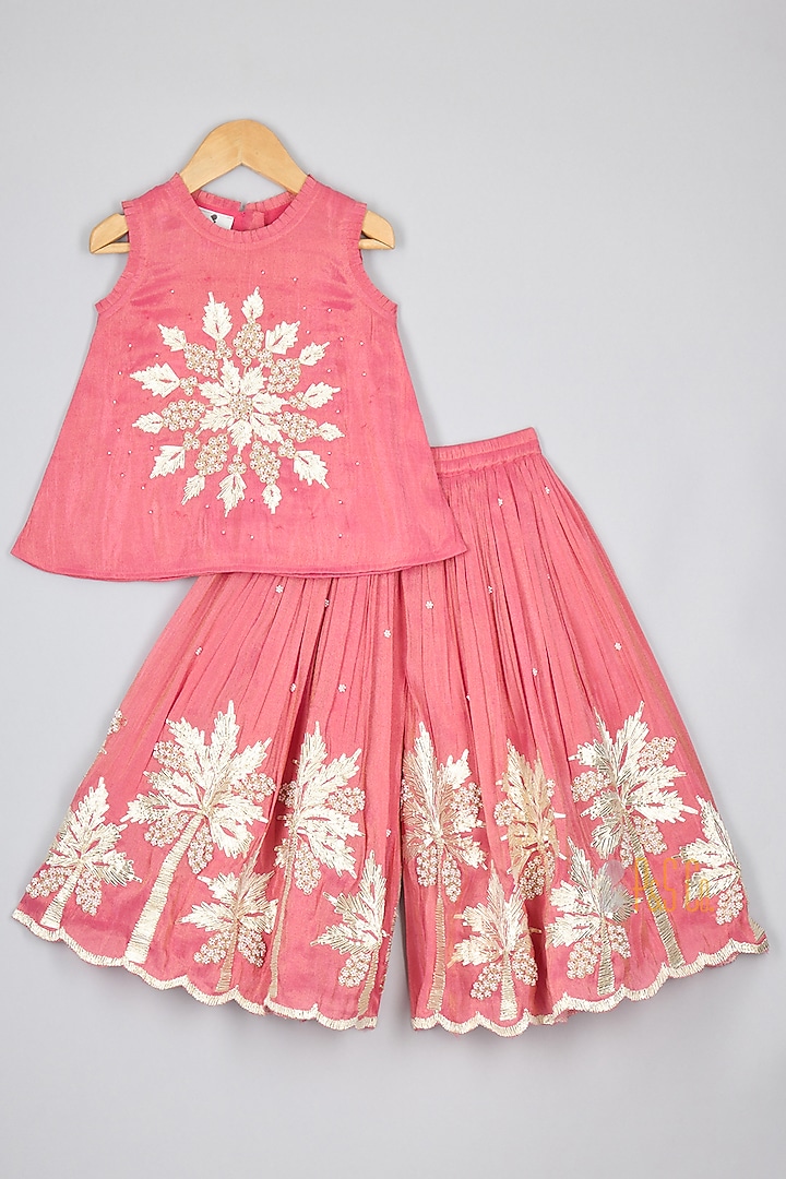 Pink Silk Tissue Gota Embroidered Kurta Set For Girls by P & S Co at Pernia's Pop Up Shop