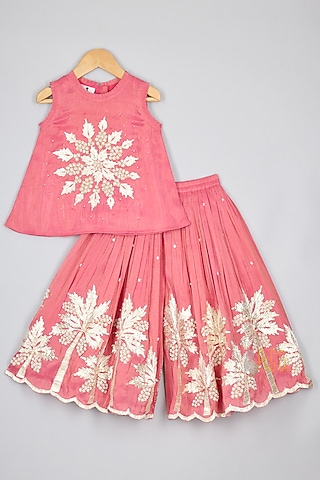 Pink Silk Tissue Gota Embroidered Kurta Set For Girls by P & S Co