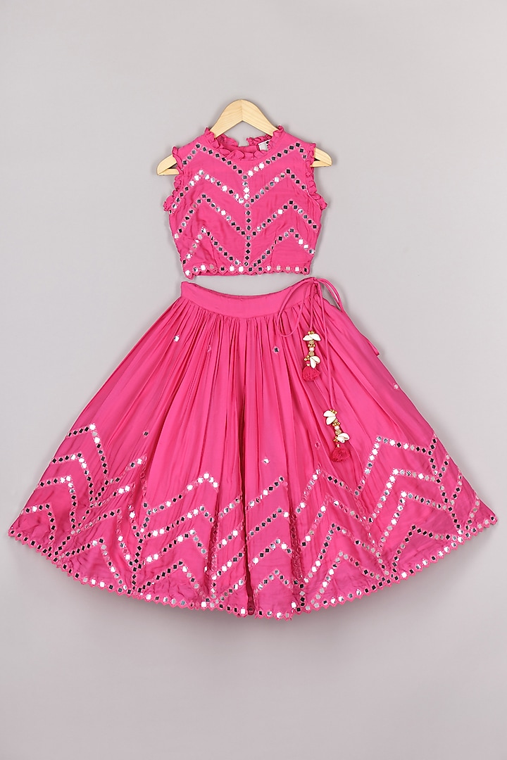 Hot Pink Organza Mirror Work Skirt Set For Girls by P & S Co at Pernia's Pop Up Shop