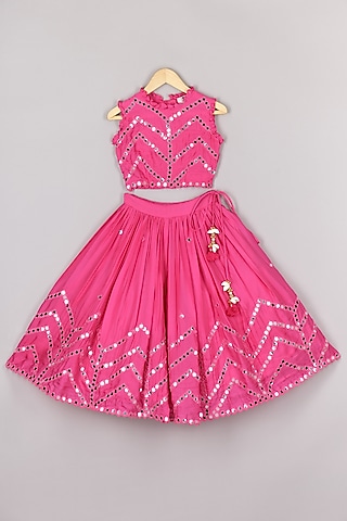 Hot Pink Organza Mirror Work Skirt Set For Girls by P & S Co