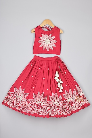 Red Silk Floral Threadwork Lehenga Set For Girls by P & S Co
