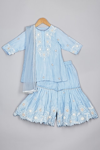 Blue Habutai Silk Thread Embroidered Sharara Set For Girls by P & S Co
