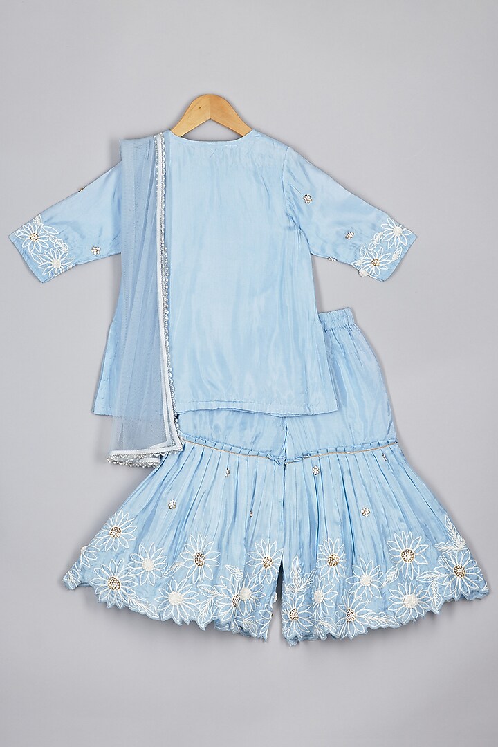 Blue Habutai Silk Thread Embroidered Sharara Set For Girls by P & S Co at Pernia's Pop Up Shop