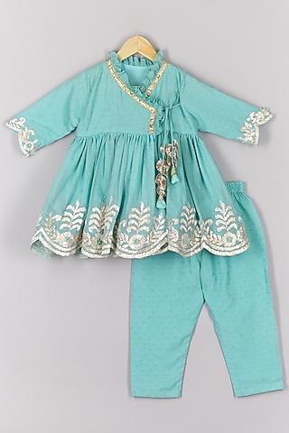 Blue Brocade Pant Set For Girls by P & S Co