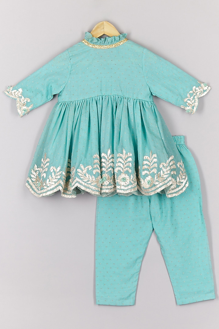 Blue Brocade Pant Set For Girls by P & S Co at Pernia's Pop Up Shop