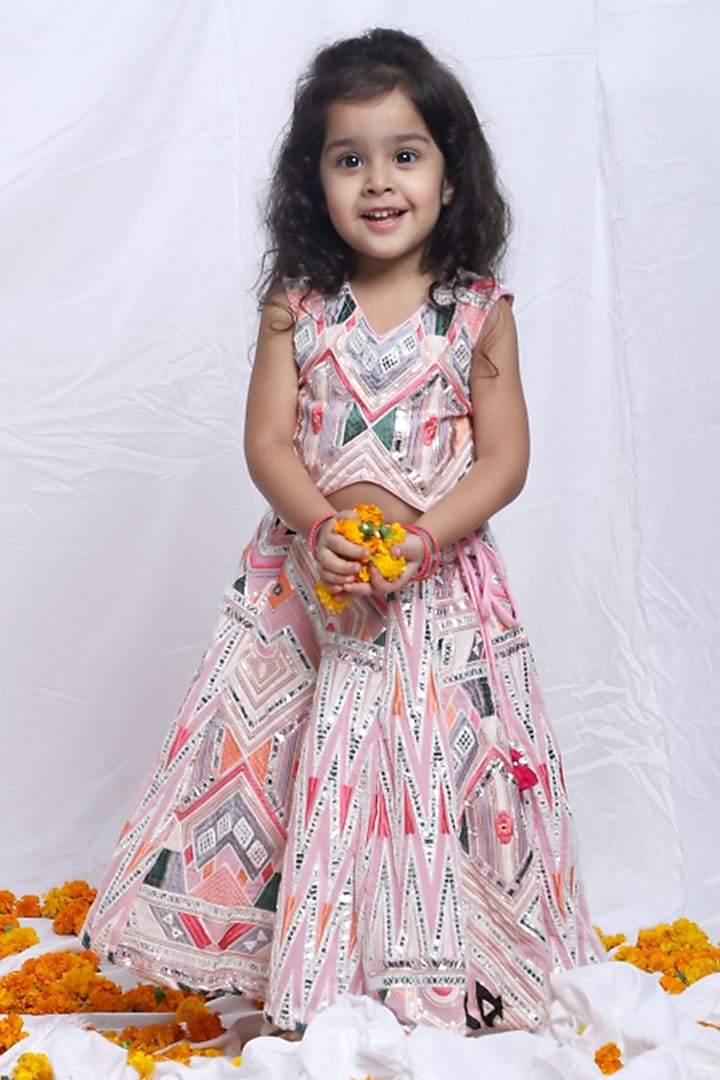 Baby Pink Georgette Embroidered Lehenga Set For Girls by P & S Co at Pernia's Pop Up Shop