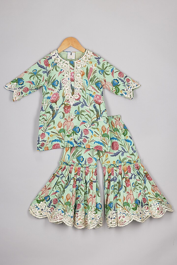 Green Chanderi Printed Sharara Set For Girls by P & S Co at Pernia's Pop Up Shop