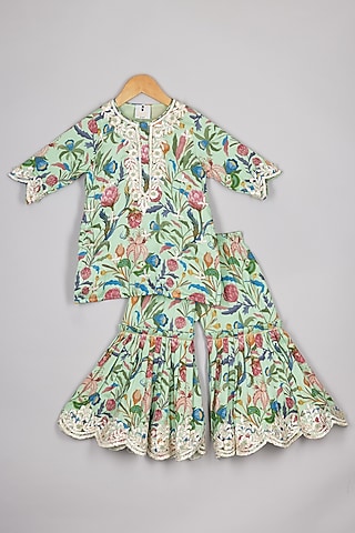 Green Chanderi Printed Sharara Set For Girls by P & S Co
