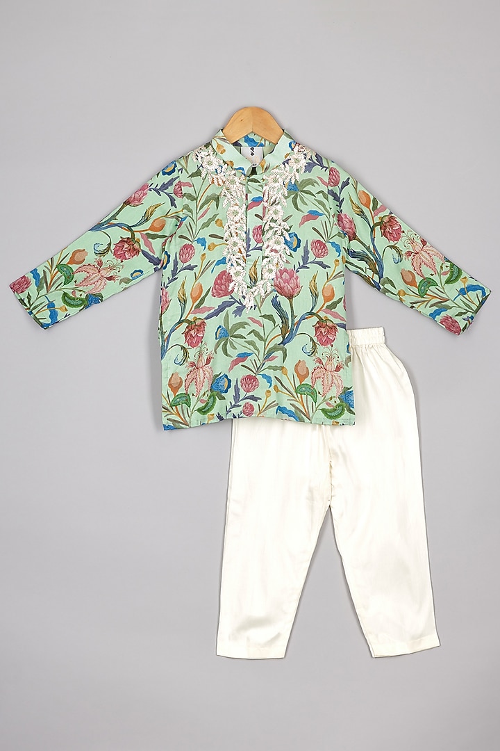 Green Chanderi Gota Embroidered & Floral Printed Kurta Set For Boys by P & S Co at Pernia's Pop Up Shop
