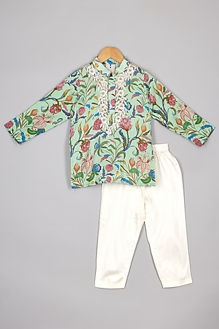 Green Chanderi Gota Embroidered & Floral Printed Kurta Set For Boys by P & S Co