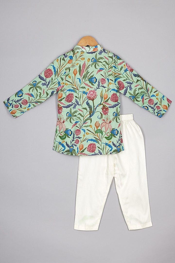 Green Chanderi Gota Embroidered & Floral Printed Kurta Set For Boys by P & S Co at Pernia's Pop Up Shop