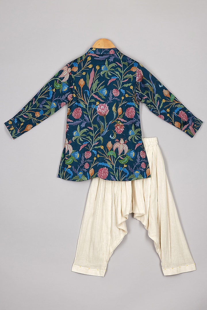 Navy Blue Chanderi Floral Printed Kurta Set For Boys by P & S Co at Pernia's Pop Up Shop