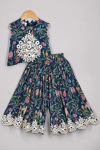 Navy Blue Chanderi Floral Printed Kurta Set For Girls by P & S Co