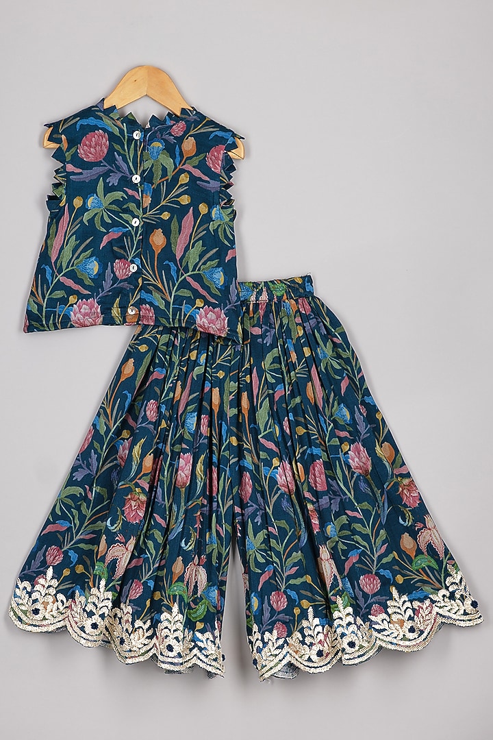 Navy Blue Chanderi Floral Printed Kurta Set For Girls by P & S Co at Pernia's Pop Up Shop