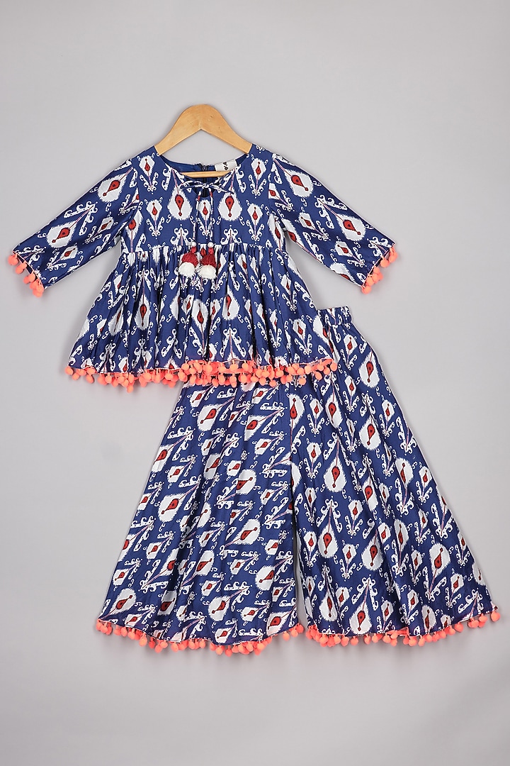 Blue Chanderi Ikat Printed Flared Pants Set For Girls by P & S Co at Pernia's Pop Up Shop