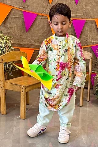 Mint Green Chanderi Printed Cowl Kurta Set For Boys by P & S Co