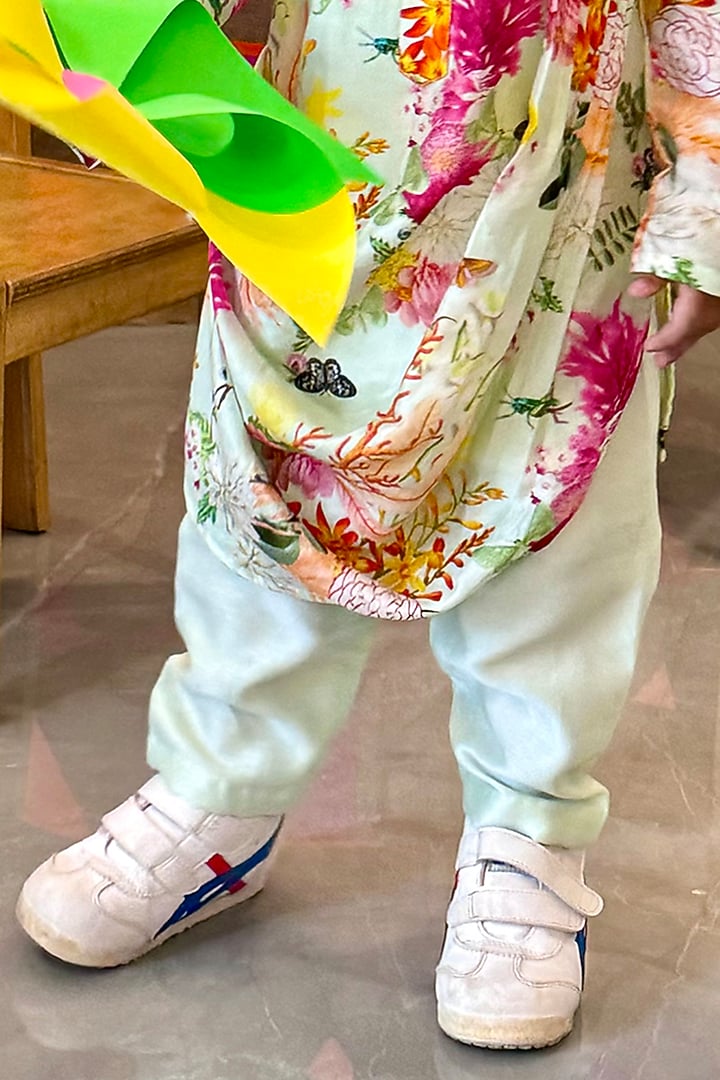 Mint Green Chanderi Printed Cowl Kurta Set For Boys by P & S Co at Pernia's Pop Up Shop