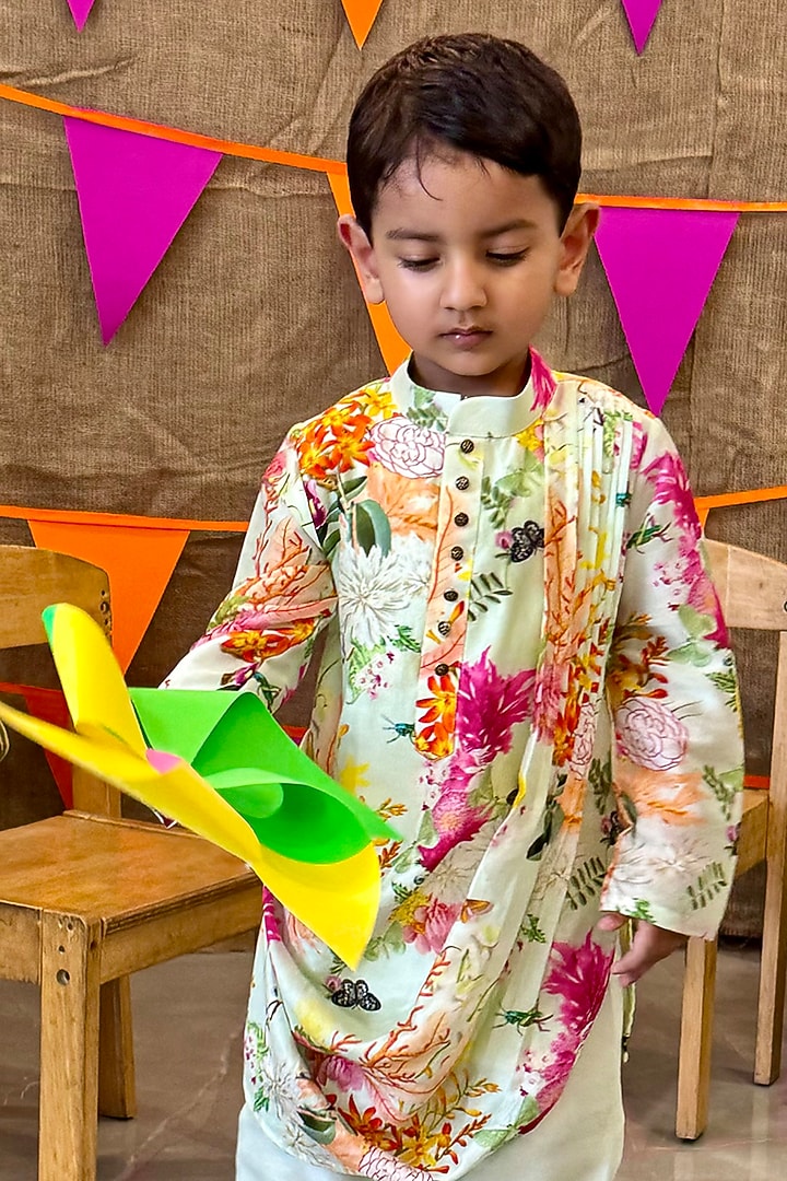 Mint Green Chanderi Printed Cowl Kurta Set For Boys by P & S Co at Pernia's Pop Up Shop