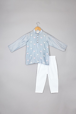 Powder Blue Tissue & Lycra Beaded Embroidered Kurta Set For Boys by P & S Co