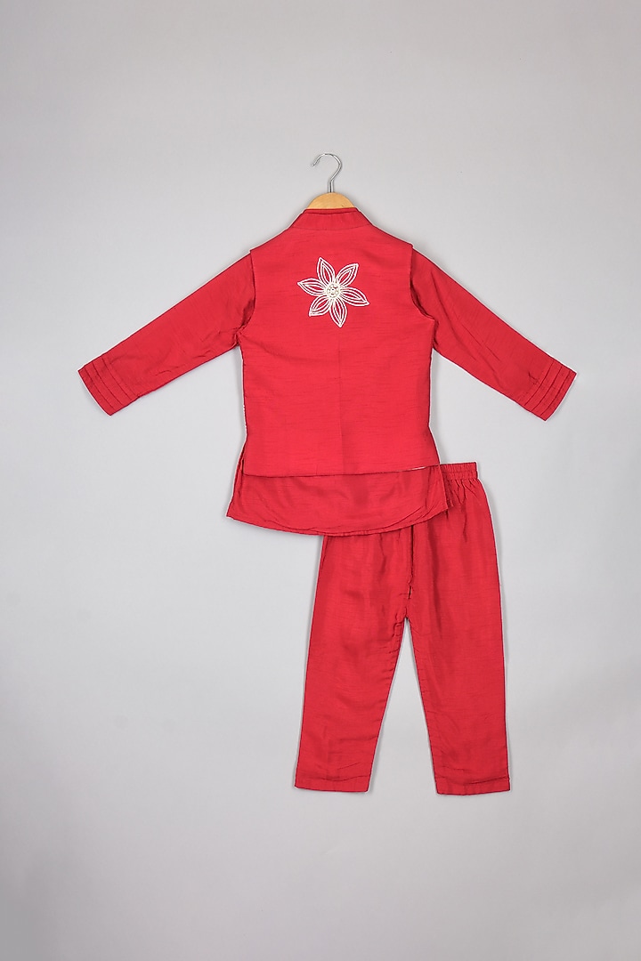 Red Silk Thread Embroidered Jacket Set For Boys by P & S Co at Pernia's Pop Up Shop