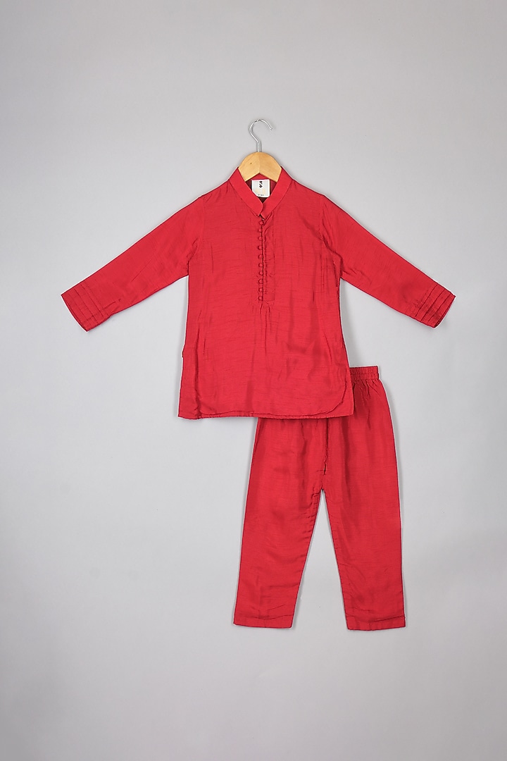Red Silk Thread Embroidered Jacket Set For Boys by P & S Co at Pernia's Pop Up Shop