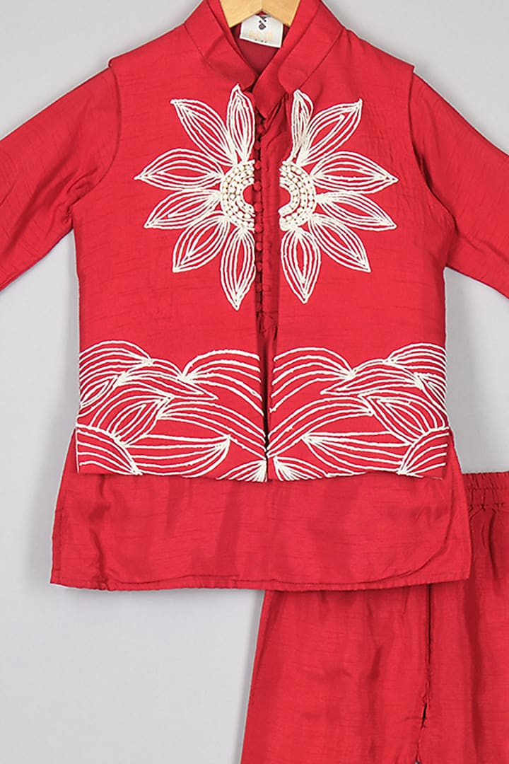 Red Silk Thread Embroidered Jacket Set For Boys by P & S Co at Pernia's Pop Up Shop