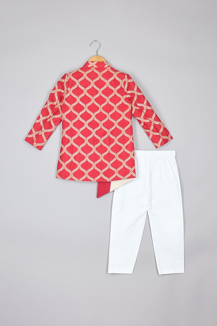 Red Silk Thread Embroidered Asymmetric Sherwani Set For Boys by P & S Co at Pernia's Pop Up Shop