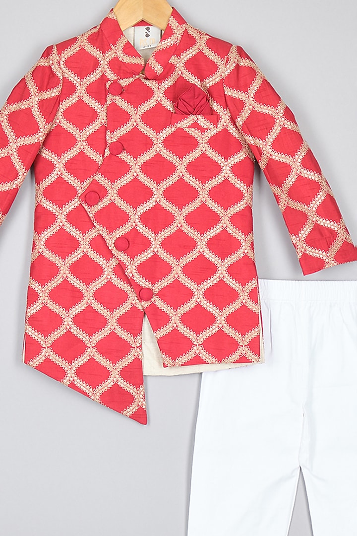 Red Silk Thread Embroidered Asymmetric Sherwani Set For Boys by P & S Co at Pernia's Pop Up Shop