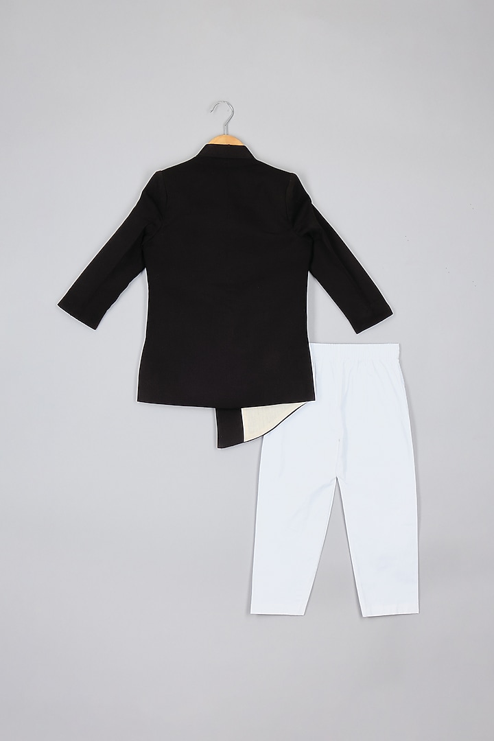 Black Scuba Asymmetric Sherwani Set For Boys by P & S Co at Pernia's Pop Up Shop