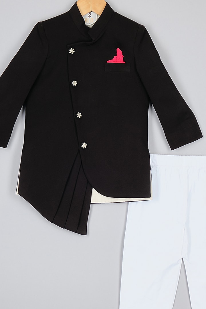 Black Scuba Asymmetric Sherwani Set For Boys by P & S Co at Pernia's Pop Up Shop