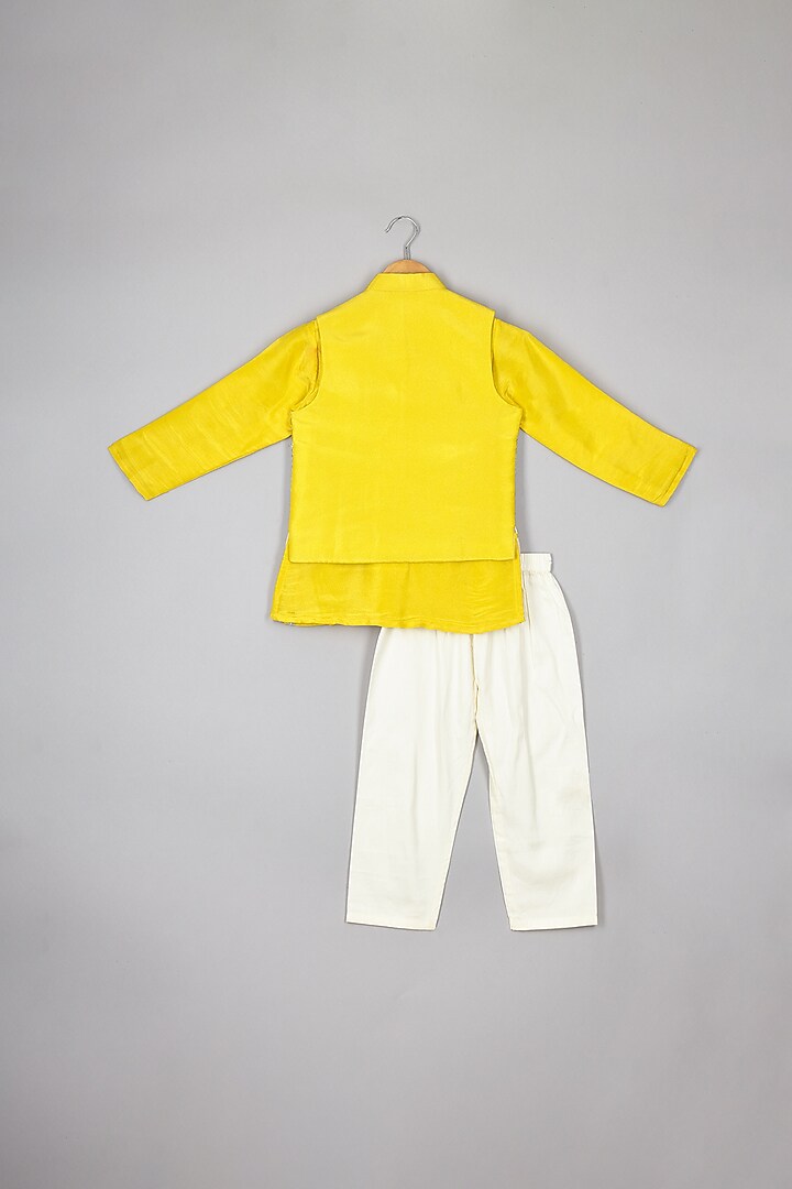 Yellow Silk Tissue Threadwork Nehru Jacket Set For Boys by P & S Co at Pernia's Pop Up Shop