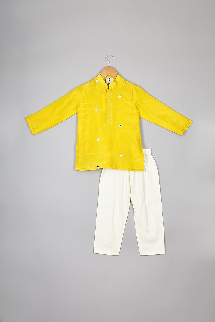 Yellow Silk Tissue Threadwork Nehru Jacket Set For Boys by P & S Co at Pernia's Pop Up Shop