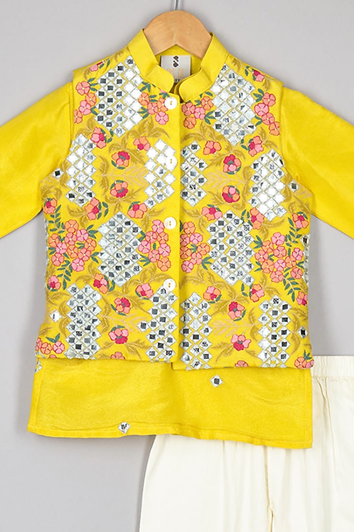 Yellow Silk Tissue Threadwork Nehru Jacket Set For Boys by P & S Co at Pernia's Pop Up Shop